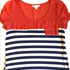 Coral, blue and white Striped Shirt